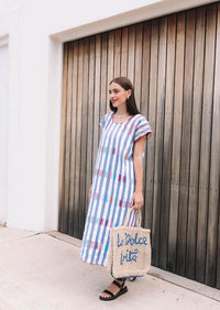 Long handmade cotton kaftan White with blue stripe and multi coloured embroidery styled without belt front wide